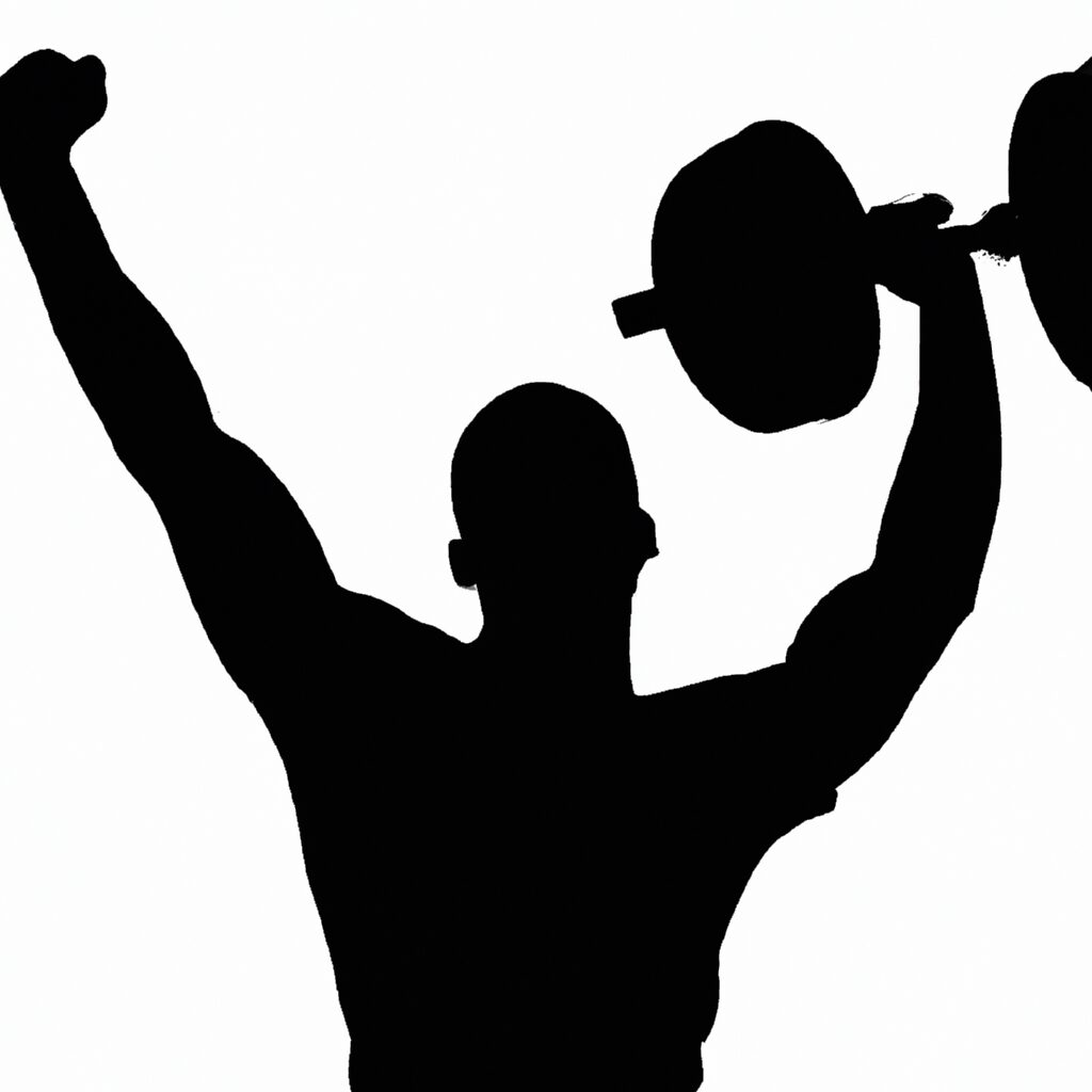 A silhouette of a person triumphantly lifting weights.