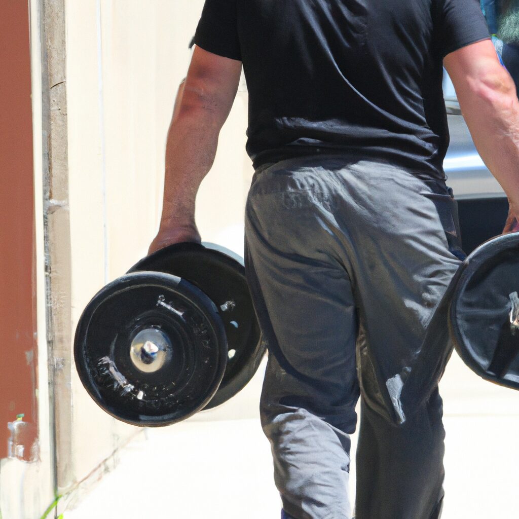 An energetic person lifting weights outdoors.