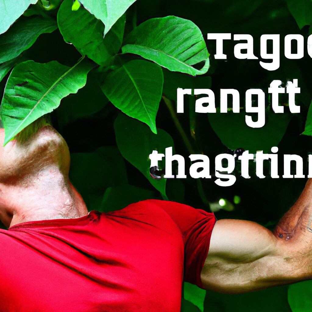 An image of a person energized and stretching their muscles after a workout, surrounded by natural kratom leaves.